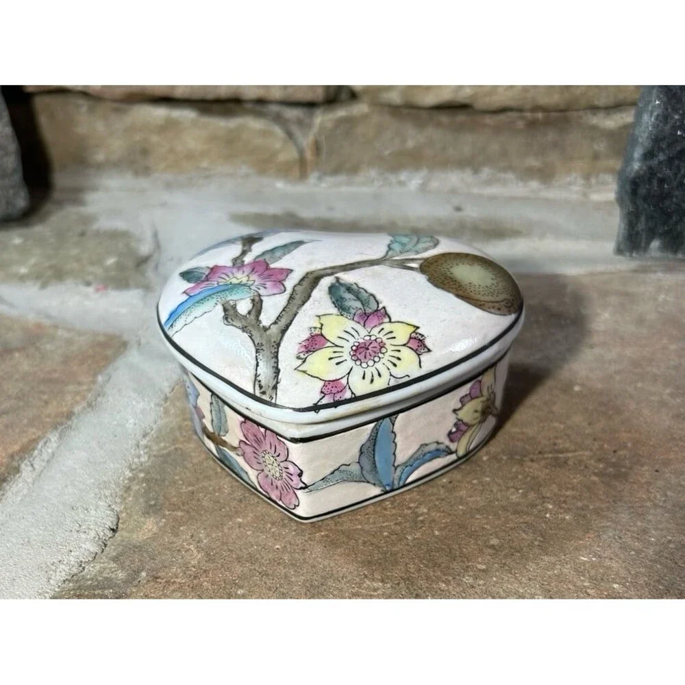 Ceramic Asian Cherry Blossoms Heart Trinket box